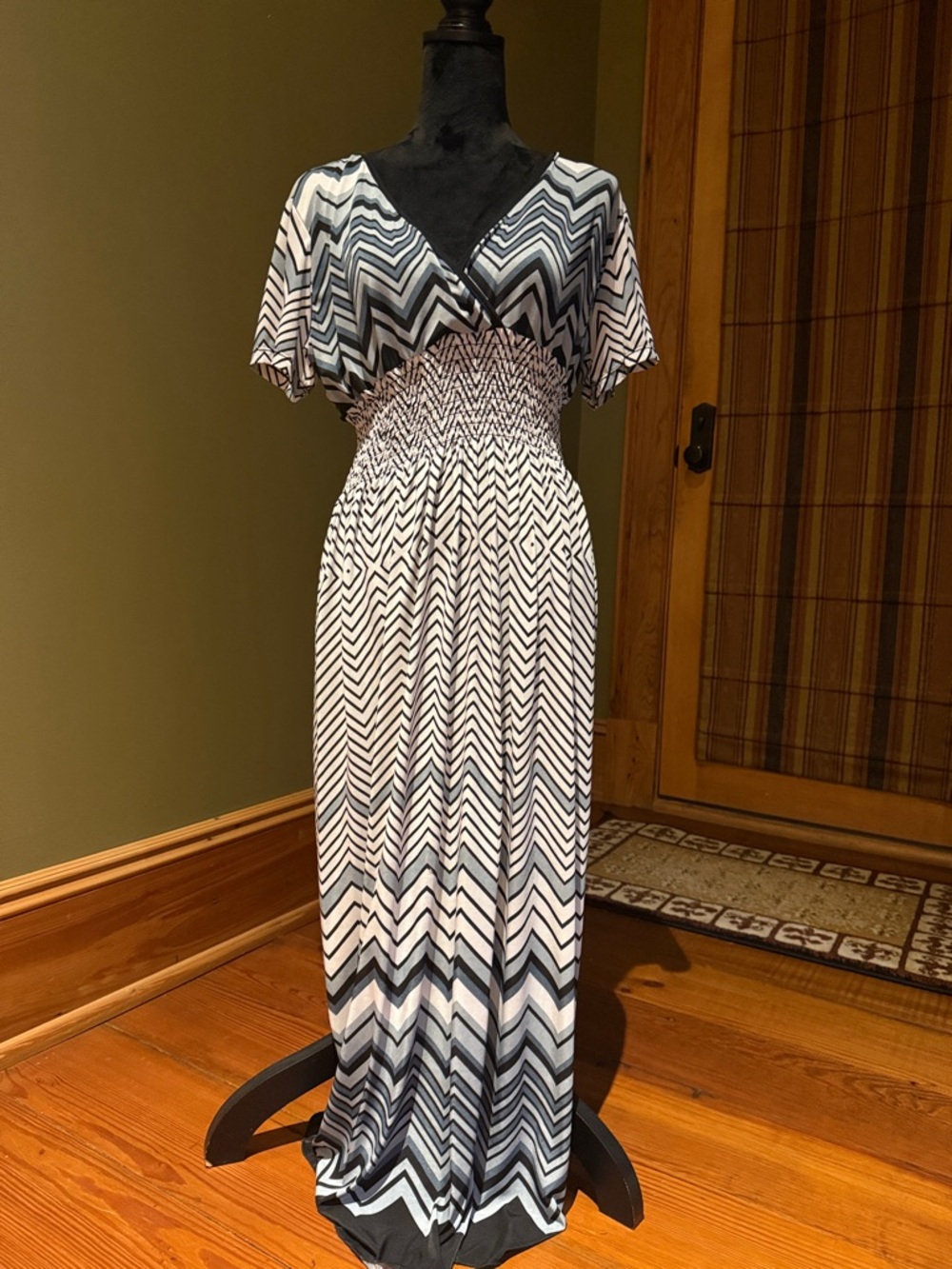 Black and White Chevron Maxi Dress with Smocked Waist